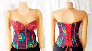 How to cut and sew corset with yoke loops modesty panel and ready made bra cups