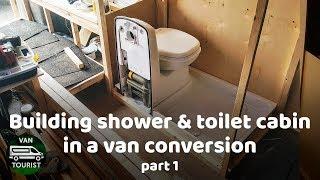 Shower and Toilet cabin building in van conversion. Wood frame. Bathroom for diy campervan or RV.