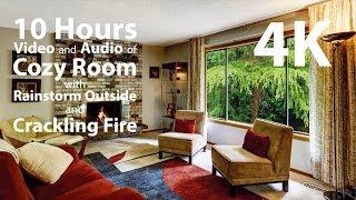 4K HDR 10 hours - Cozy Ambient Room Storm Outside & Crackling Fireplace Audio - relaxing warm