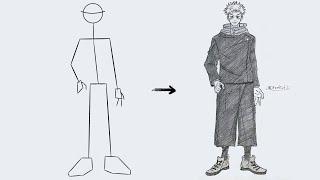 How to draw Itadori Yuji Full Body out of Stick Man  Easy Step by Step