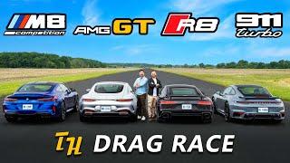 New AMG GT vs M8 Comp vs Audi R8 vs 911 Turbo  DRAG & ROLL RACE