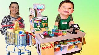 CALEB & MOMMY PRETEND PLAY SHOPPING with GROCERY STORE and FOOD TOYS FOR KIDS