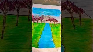 رسم منظر طبيعي سهل بالخطواتDrawing a simple landscape with airbrush #youtubeshorts #cat #الالوان #