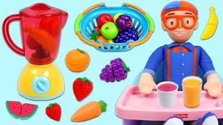 Blippi Goes Grocery Shopping Farmers Market Toy Cash Register & Makes Fruit Smoothies Toy Blender