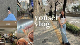 vlog at yonsei  cherry blossoms korean nails sleeping at sauna han river picnic and view cafe