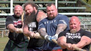 Worlds Strongest Men in a Tug o War Challenge at Braemar Gathering Highland Games site in Scotland