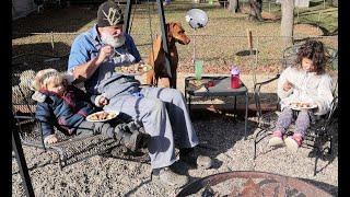 Open fire cowboy stew and conversation about Jesus with grandkids