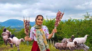 Cooking Lamb Kebab.A fun family picnic in a mountain village of IranTraditional Mutton Recipes#food