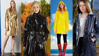 Shiny & glossy latex & vinyl rain wear trench coat outfits designshow to style vinyl trench coat
