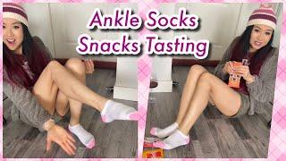 Keto Chocolate Tasting in Ankle Socks Legs Girl Model White Sports Low Cut Snacks Candies