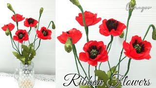 DIYhow to make satin ribbons flowers red poppy