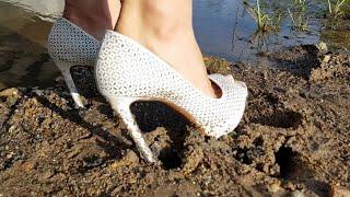 Expensive high heels at the river high heels completely ruined abused shoes # 090