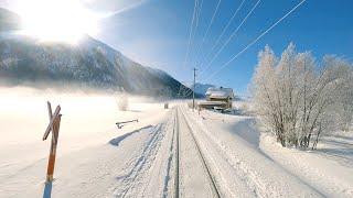  4K  Landquart - Vereina - St. Moritz snow cab ride Switzerland 01.2021 Führerstandsmitfahrt