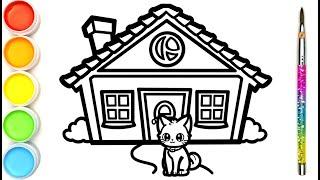 Menggambar dan mewarnai kucing lucu dan rumah yang indah