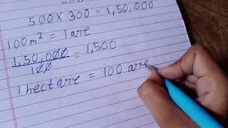 how to solve a plot of land measure 500 m by 300 find its area in metre square and hectares