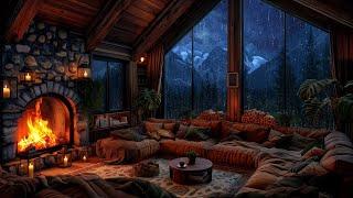 Mountain Cabin Thunderstorm - Cozy Fireplace Ambience