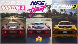 Need For Speed Heat vs Horizon 4 vs The Crew 2  Ferrari F40 Sound & 4K Gameplay Comparison