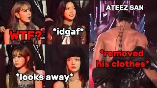 LE SSERAFIM members different reactions when ATEEZ SAN removed his clothes on stage