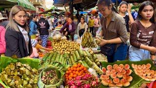 Cambodian street food at Phnom Penh market 2024 - Delicious plenty fruits Khmer cake & more food