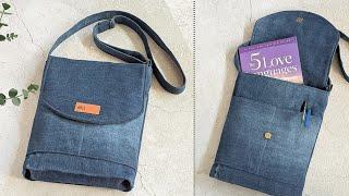 DIY Easy No Zipper Denim Crossbody Bag Out of Old Jeans  Bag Tutorial  Upcycled Craft