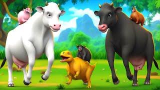 Epic Battle Giant Black & White Cow vs. T-Rex - Rescue Forest Animals Elephant Horse Buffalo