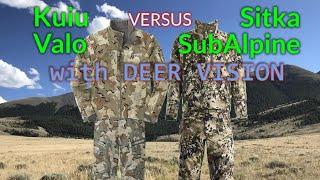 Compare Kuiu Valo Vs Sitka SubAlpine with simulated deer vision on 14 Backgrounds.