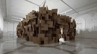 Hannes Zweifel + Zimoun  200 prepared dc-motors 2000 cardboard elements 70x70cm 2011