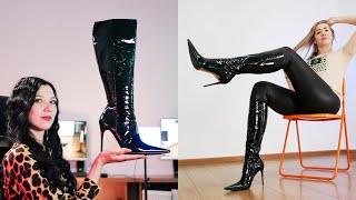 Mens size high heels Rocking Shiny Pointy Knee Boots? See What Lesya Does NEXT