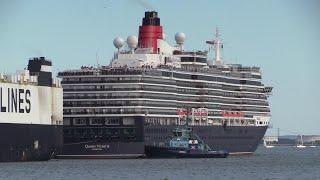 QUEEN VICTORIA IS ASSISTED BY TUGS IN DEPARTING FROM CRUISE TERMINAL SOUTHAMPTON 240722