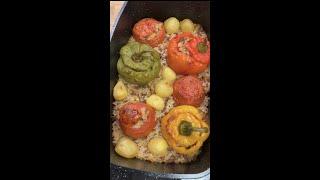 Greek food gemista. Stuffed tomatoes bell peppers with rice and grind beef.