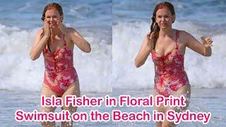 Isla Fisher in Floral Print Swimsuit on the Beach in Sydney