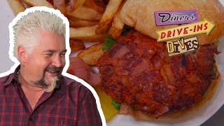 Guy Fieri Tries a Bacon and Blue Cheese Stuffed Burger  Diners Drive-ins and Dives  Food Network