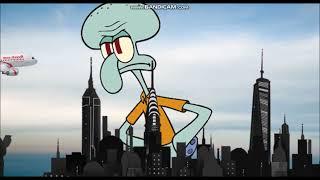 Squidward destroys the buildings grounded