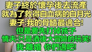 妻子終於懷孕後去流產，就為了救得白血病的白月光，妻子：我的骨髓最適合，但是要先打掉。而白月光只是騙她的：酒後大冒險開個玩笑而已！我：離婚，你們過吧！