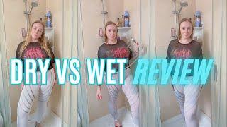 Trying a black t-shirt and white leggings in the shower dry vs. wet