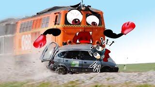 Train Crash  Monster Trains Crush Cars on Railroad - Woa Doodland