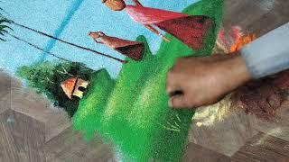 Very Easy Scenery Rangoli. Special & New  Trick Poster Rangoli Design. 