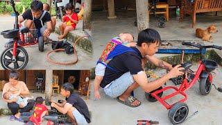 Single father carrying child on his shoulders repairing bicycles gas stoves making money