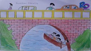 Simple Scenery Of Bridge In The River  How To Draw Scenery Of River  Boat Scenery Of River