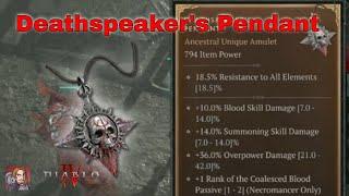 Diablo IV Unique Items - Death Speakers Pendant Necromancer Amulet