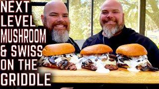 NEXT LEVEL MUSHROOM & SWISS WITH GARLIC AIOLI THE BEST SMASH BURGERS ON THE GRIDDLE