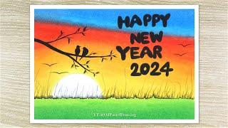 Happy New Year 2024 Drawing with Oil Pastels Oil Pastel Drawing for Beginners