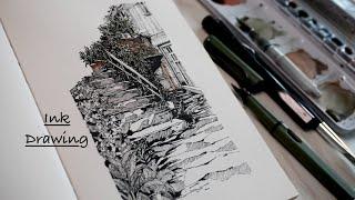 Ink drawing with fountain pen urban sketching in sketchbook