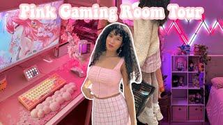 Gamer Girl Room Tour 2024  pink gaming setup + kawaii desk setup tour 𐙚⋆｡°