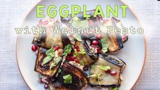 Georgian roasted eggplant with walnut pesto and pomegranate seeds badrijani nigvzit