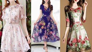 A_line_short_frocks_floral_print_short_sleeve_long_sleeve_loose_fitting_casual_dress