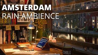 Amsterdam Study Room Ambience with Water Canal View and Relaxing Light Rain Sounds  8 HOURS