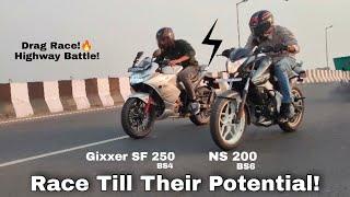 NS 200 BS6 vs GIXXER SF 250 BS4 DRAG RACE  TOPEND TEST HIGHWAY BATTLE 2021  CLOSE CALLS  PATNA