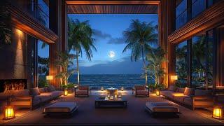 Cozy Beach House at Night  Ocean Ambience on a Tropical Island  Soft Ocean Waves & Crackling Fire
