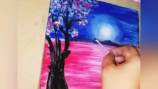 Easy Acrylic Techniques For BeginnersToutiralMoonlight Landscape For Beginners